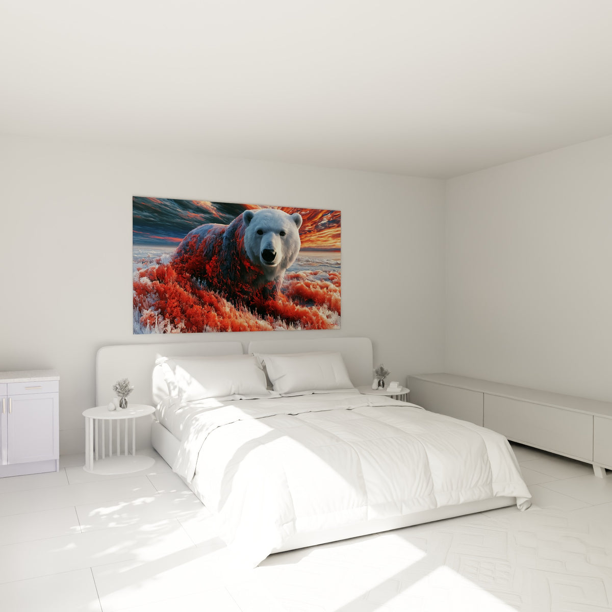 Ours polaire aux teintes rouge écarlate et blanc glacé au-dessus d'un lit dans une chambre claire