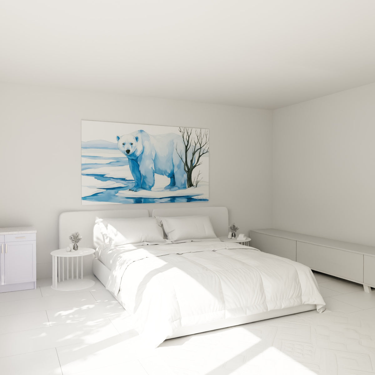 Ours polaire aquarelle bleu pastel et blanc, accroché au-dessus d'un lit dans une chambre claire