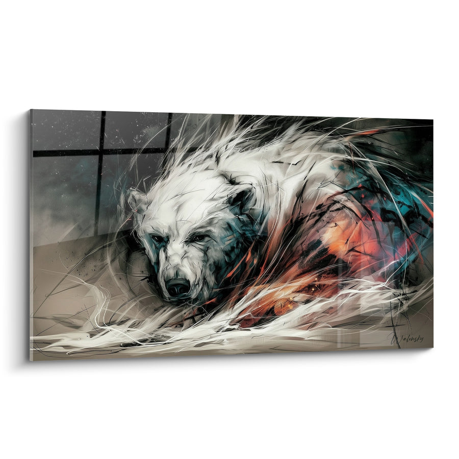 Tableau Ours polaire blanc aux flammes orangées - Braise sous la glace - Edition Ours polaire