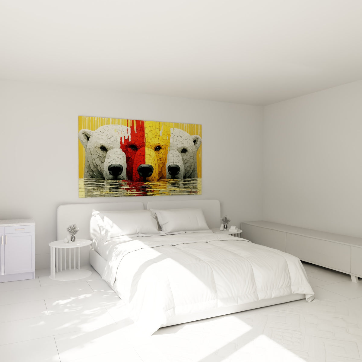 Ours polaires blancs et rouge vif peints en relief, accrochés au-dessus d'un lit dans une chambre claire