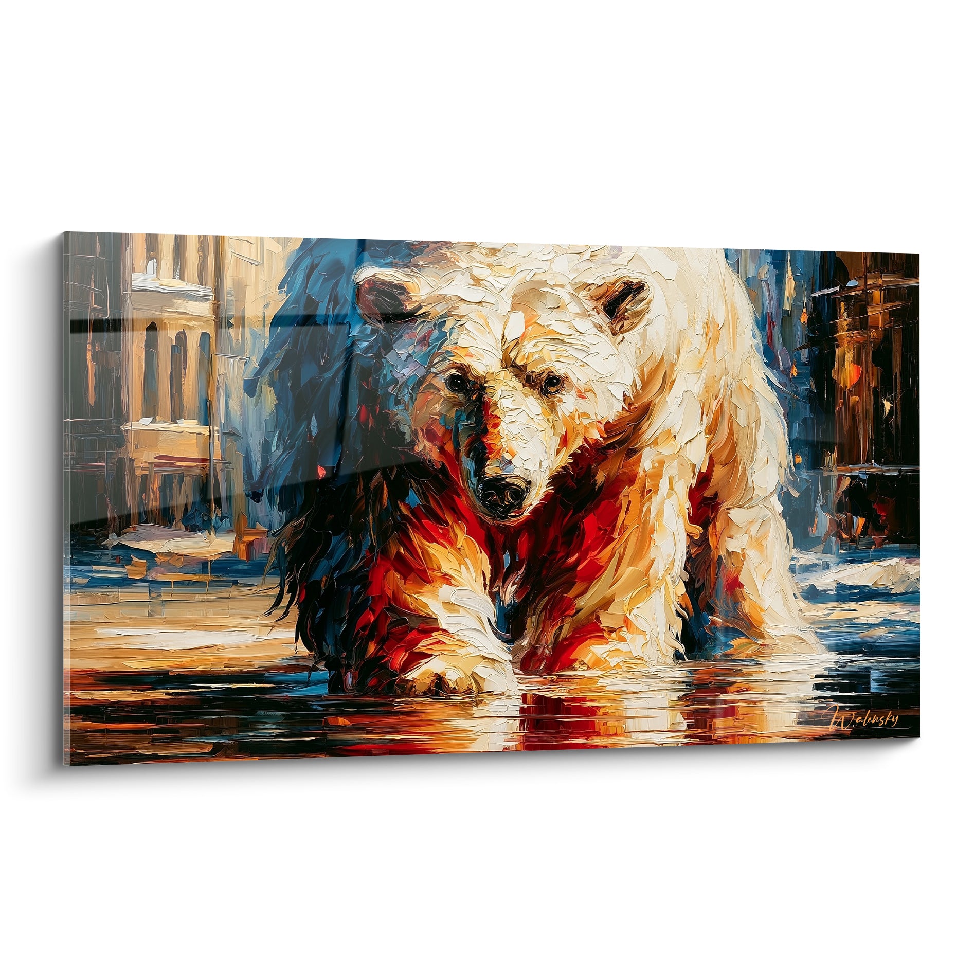Ours polaire blanc marchant dans l'eau, fourrure marquée de rouge et d'ocre doré au couteau