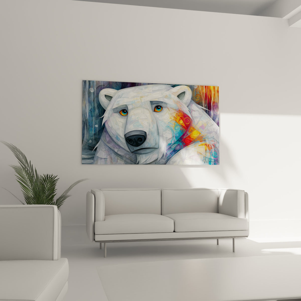 Visage d'ours polaire aux tons blancs et rouges suspendu au-dessus d'un canapé dans un salon lumineux