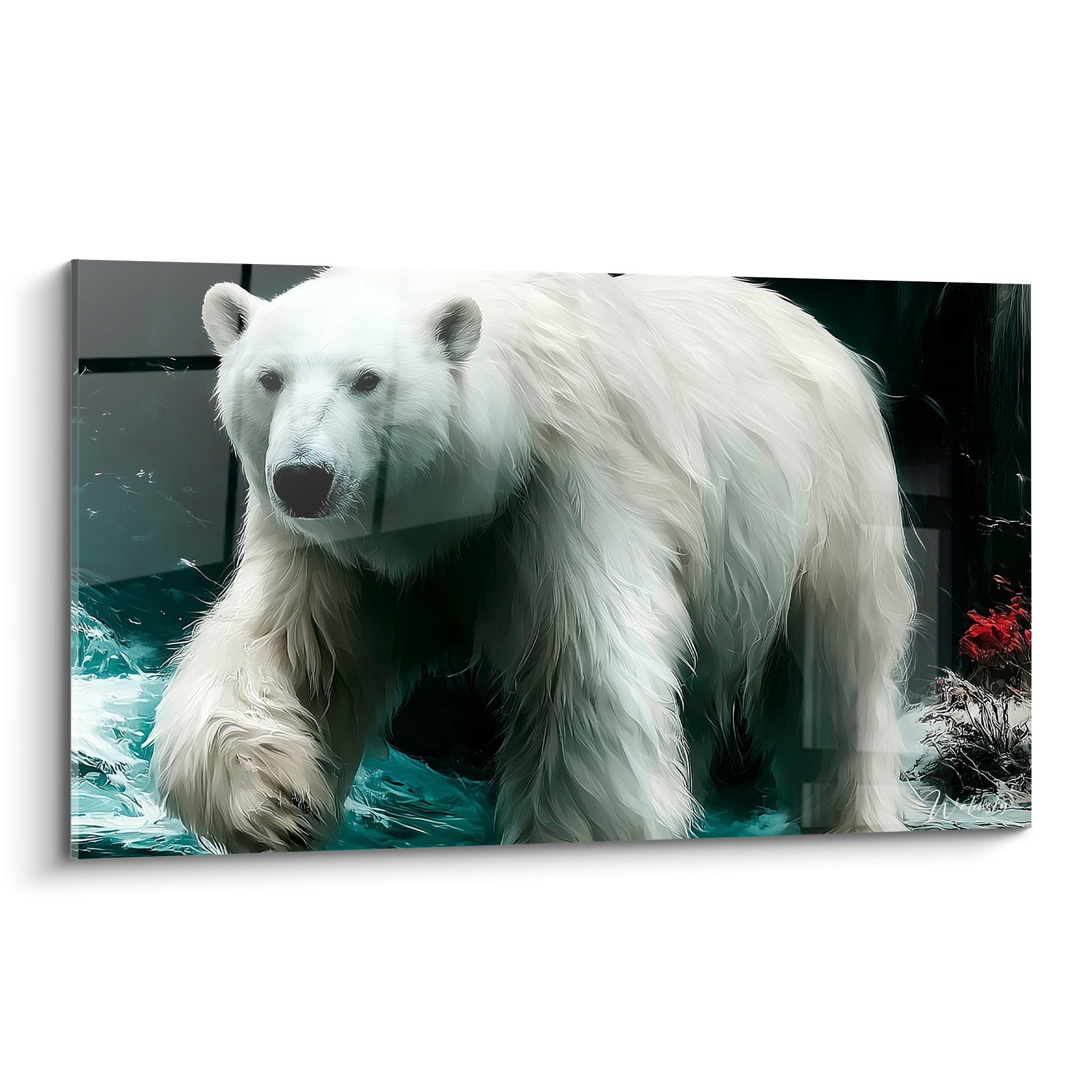 Ours polaire blanc marchant dans une eau turquoise sombre, fourrure détaillée et regard intense