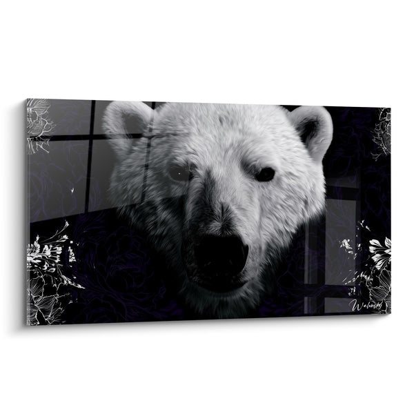 Tableau Ours polaire blanc et violet fleuri - Regard glacé - Edition Ours polaire