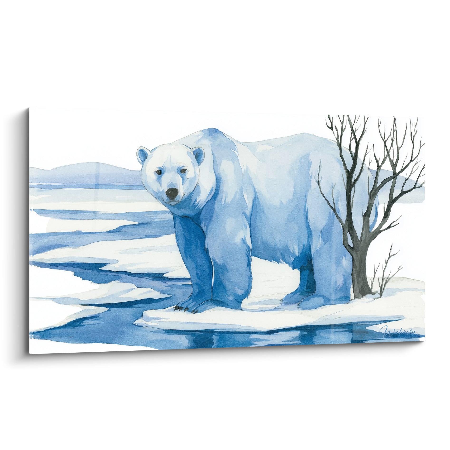 Ours polaire bleu et blanc debout sur la banquise, regard fixe, aquarelle glacée