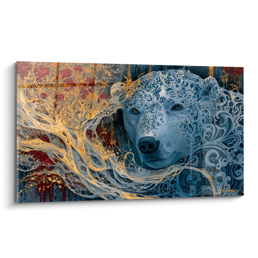 Tableau Ours polaire aux volutes bleues et dorées - Rêve arctique doré - Edition Ours polaire