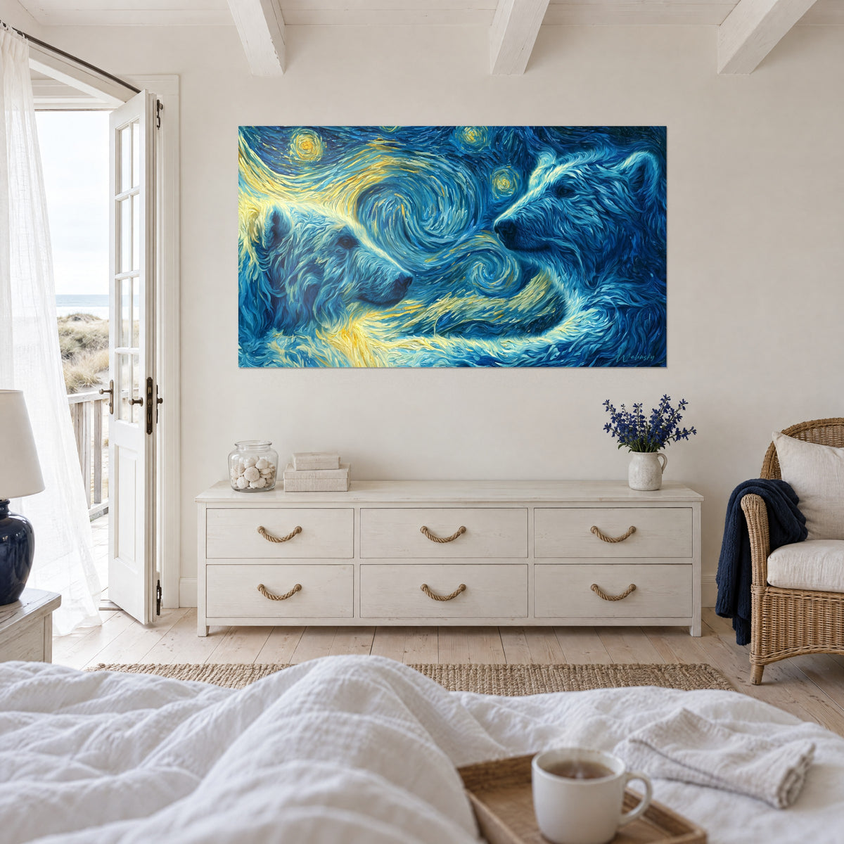Wall art of a pair of icy bears beneath indigo and golden swirls, mounted on the wall above a bed in a light bedroom