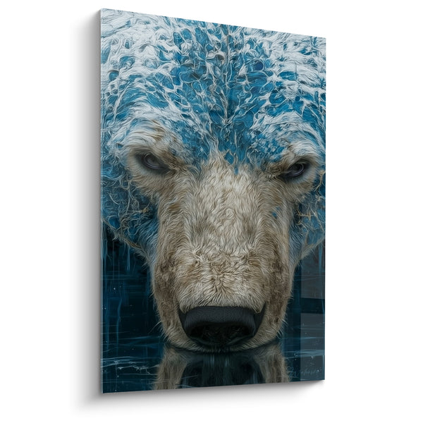 Tableau Ours polaire au pelage bleu et beige strié de mèches ruisselantes - Truffe noire luisante - Edition Ours polaire
