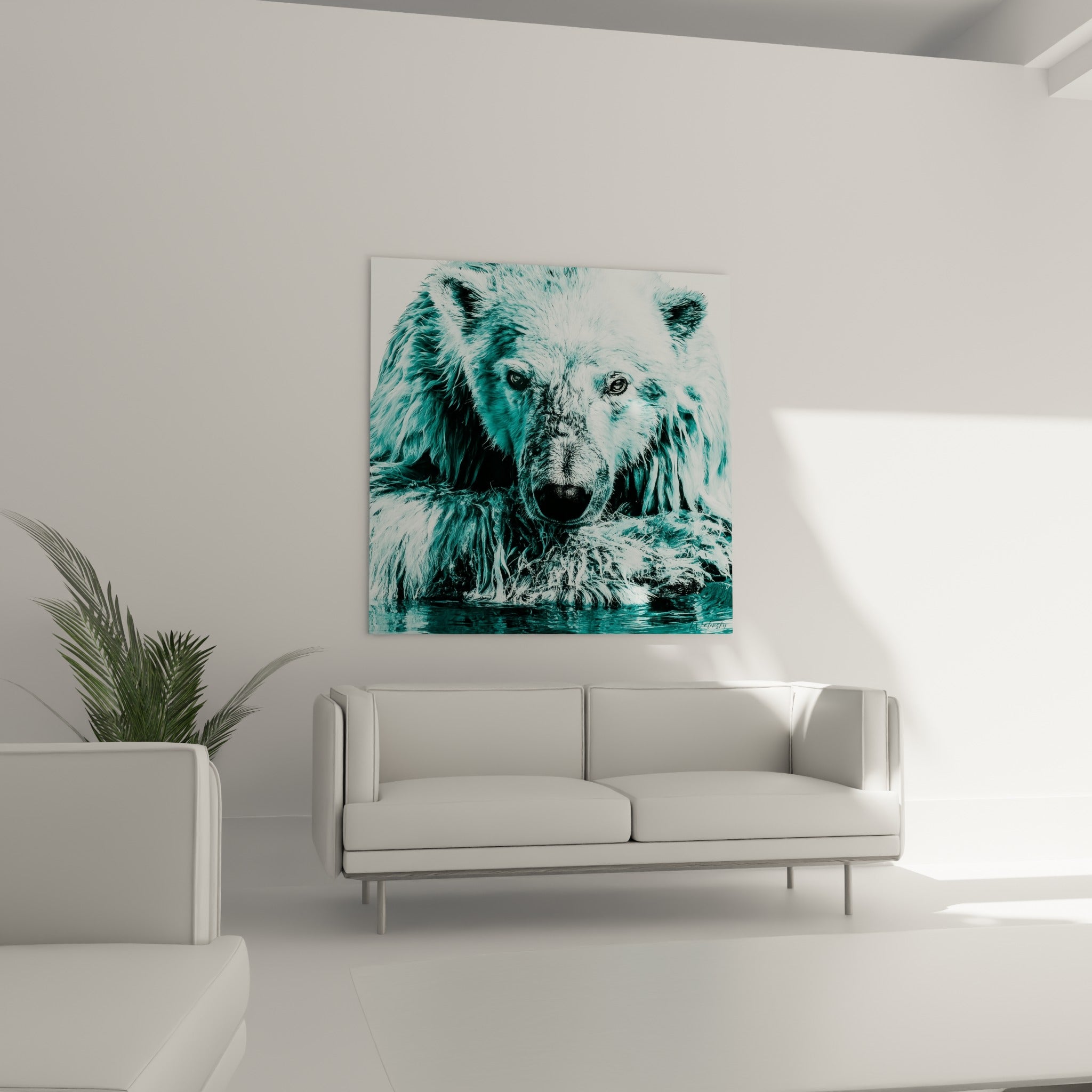 Ours polaire au regard fixe, fourrure turquoise et noire, au-dessus d'un canapé dans un salon lumineux