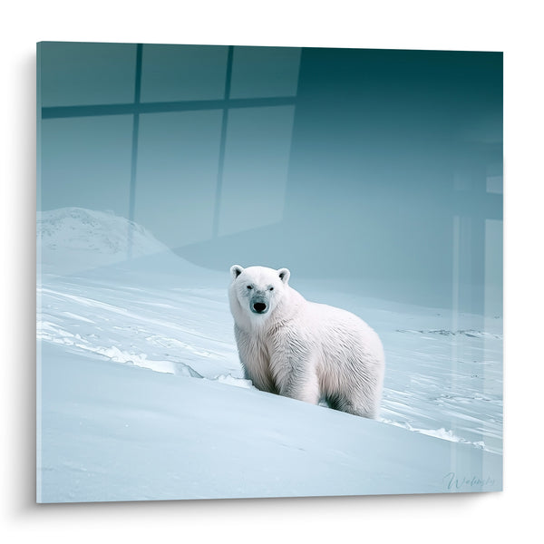 Tableau Ours polaire blanc et bleu sur pente enneigée - Solitude glaciale - Edition Ours polaire
