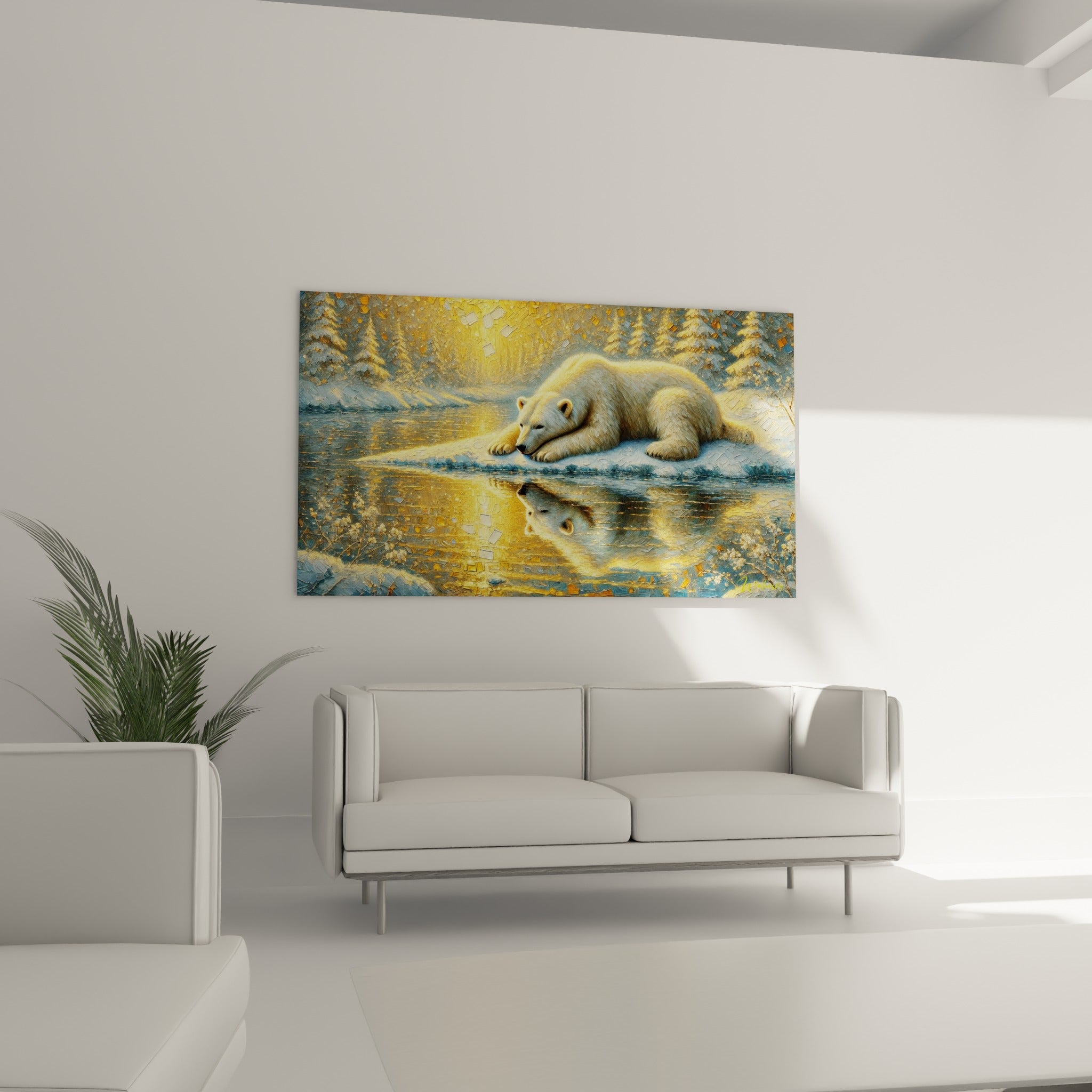 Ours polaire endormi entre bleu glacé et doré, au-dessus d'un canapé dans un salon lumineux