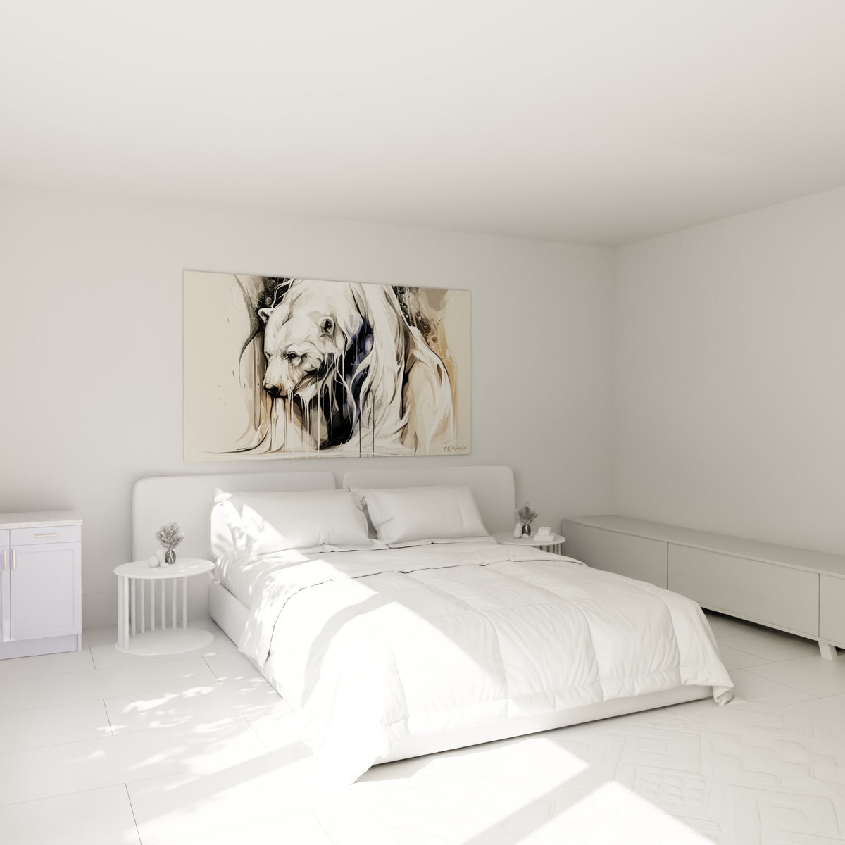 Ours polaire aux coulures blanches et bleu marine, accroché au-dessus d'un lit dans une chambre claire
