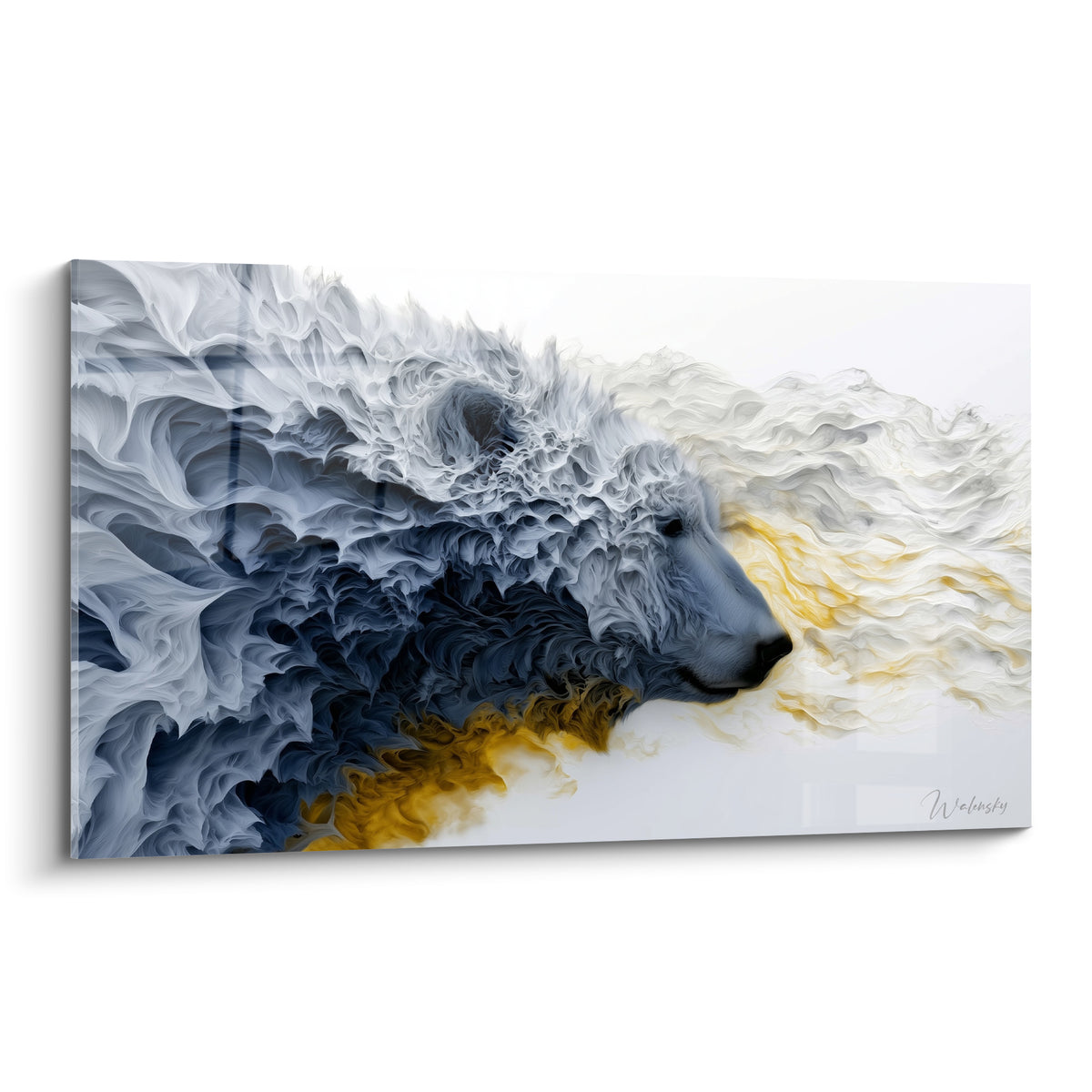 Ours polaire au museau noir émergeant de volutes bleu marine et dorées sur fond blanc