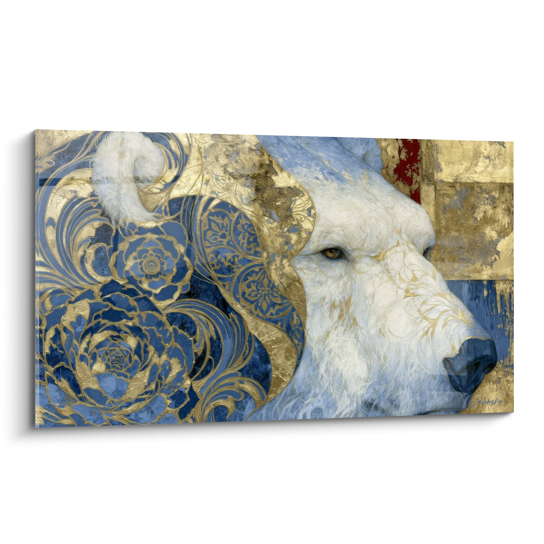 Ours polaire au museau ivoire orné de motifs bleu marine et dorés en filigrane