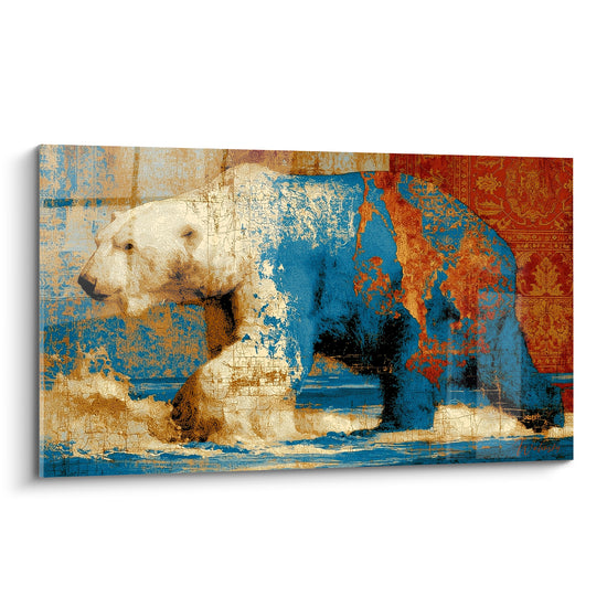Ours polaire de profil, pelage blanc crème fissuré révélant un fond bleu marine et terracotta orné.