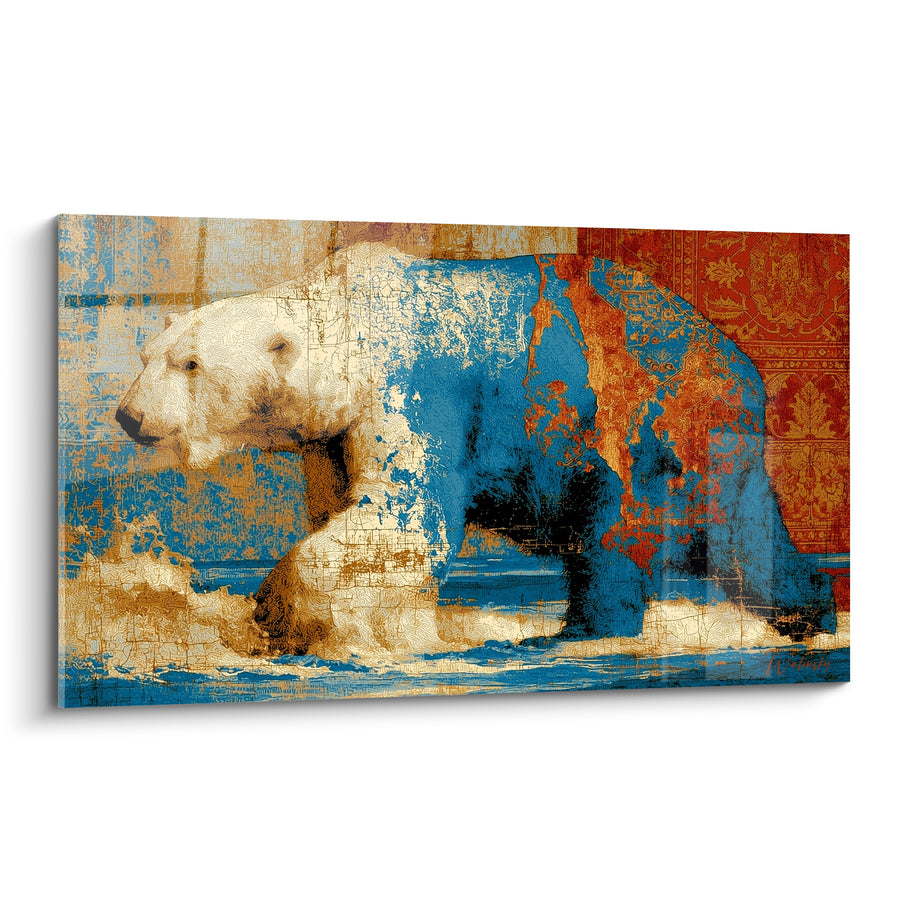 Tableau Ours polaire aux motifs bleu et terracotta - Mémoire ancestrale - Edition Ours polaire
