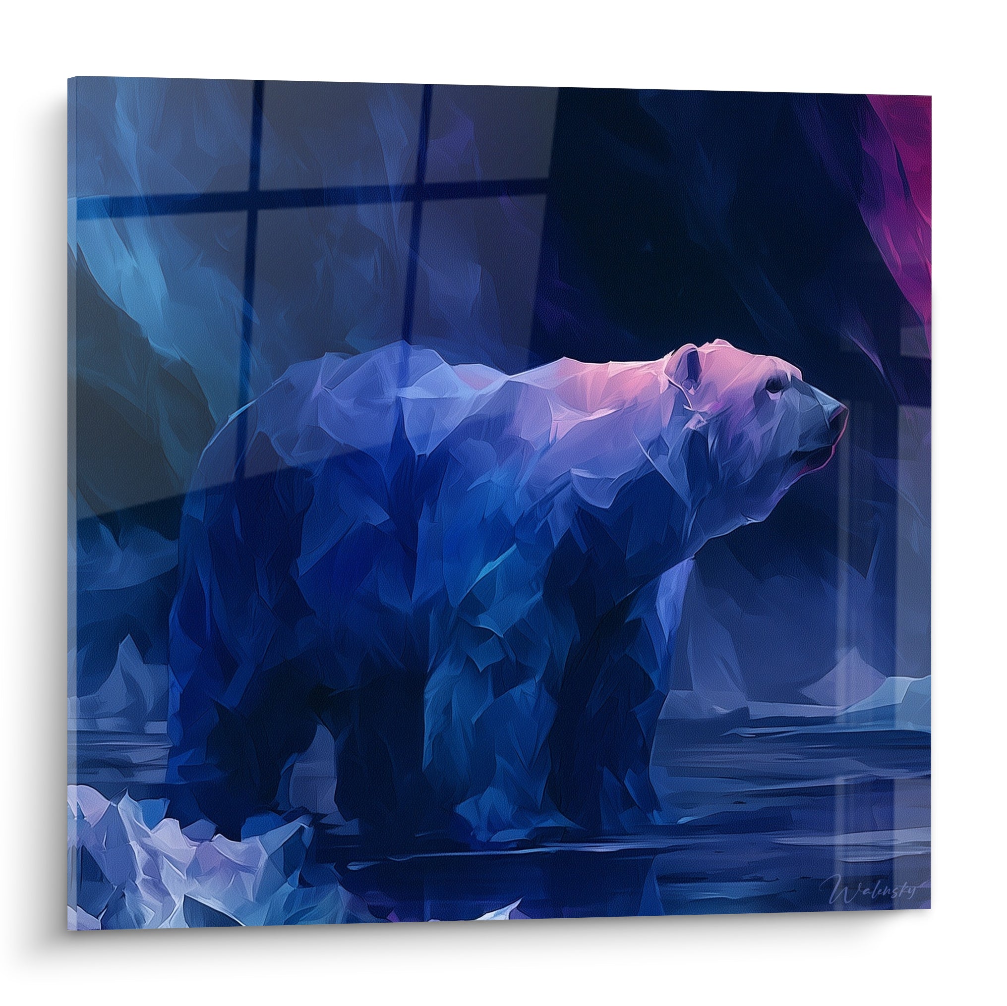 Ours polaire bleu nuit et violet, pelage facetté, museau rosé, style cristallin saisissant