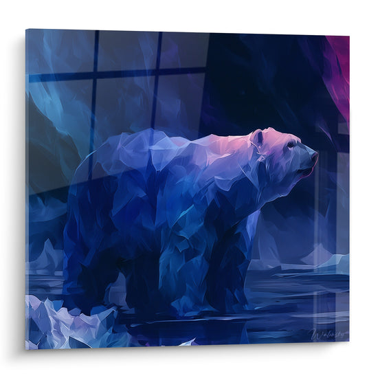 Ours polaire bleu nuit et violet, pelage facetté, museau rosé, style cristallin saisissant