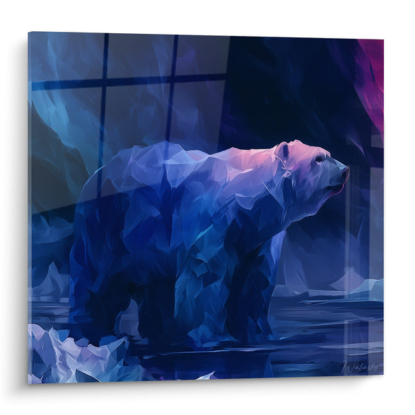 Tableau Ours polaire facetté bleu et rose sur banquise nocturne - Reflets pourpres en arrière-plan - Edition Ours polaire