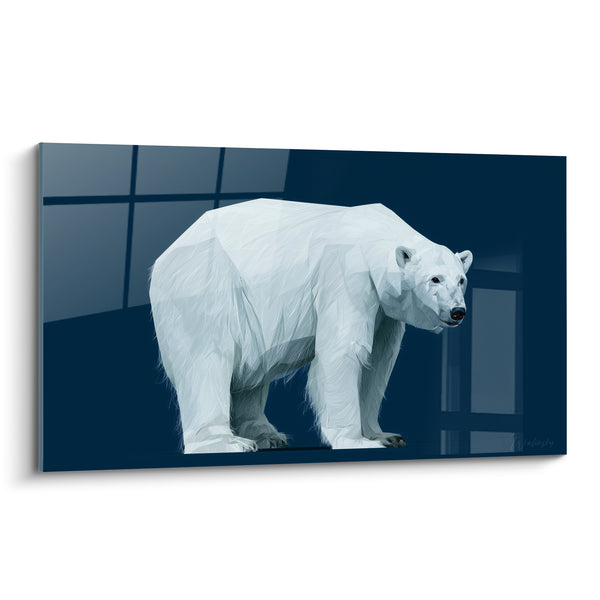 Tableau Ours polygonal blanc et bleu sur fond vitré - Silhouette debout de face - Edition Ours polaire