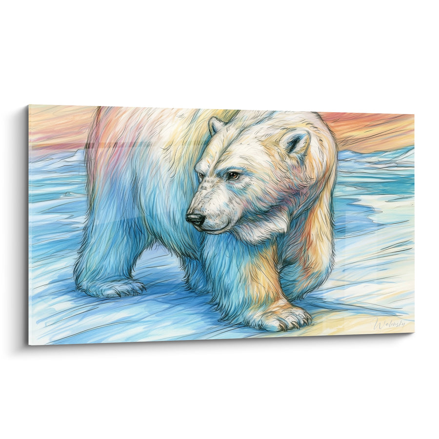 Tableau Ours polaire aux traits bleu et orangé sur banquise - Croquis coloré au trait fin - Edition Ours polaire