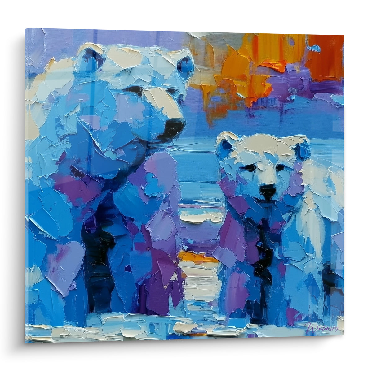 Ours polaires bleu glacé et blanc côte à côte devant un ciel orange vif éclatant