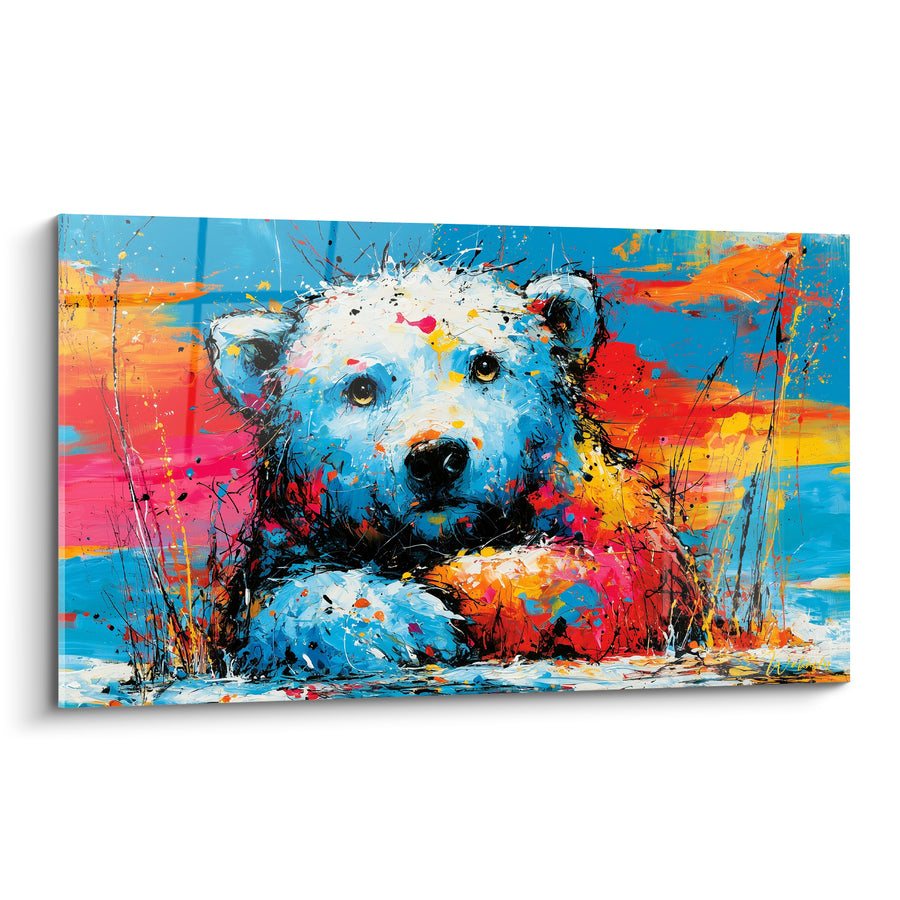 Tableau Ourson blanc au fond bleu et orange éclatant - Tendresse sauvage - Edition Ours polaire