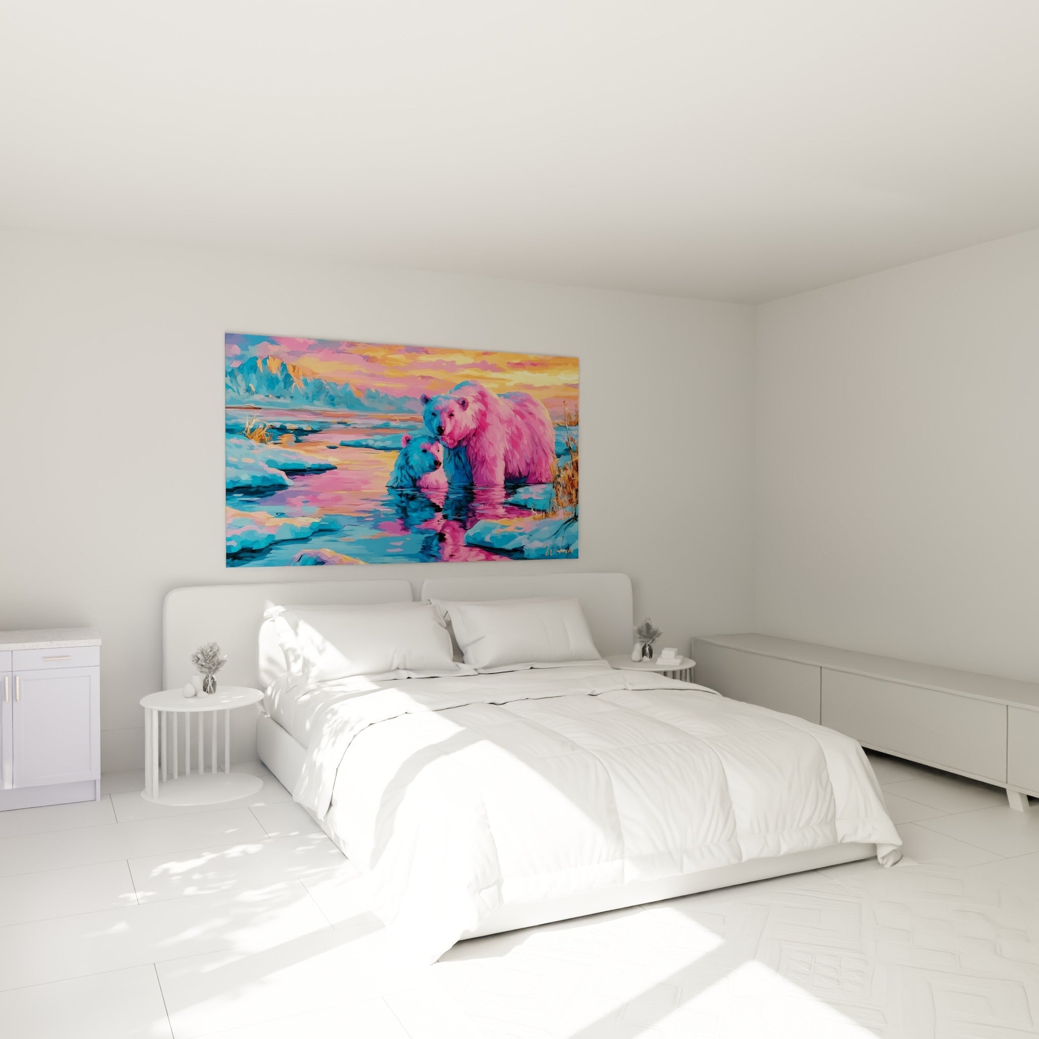 Ourse polaire rose et son petit bleu enlacés au-dessus d'un lit dans une chambre claire