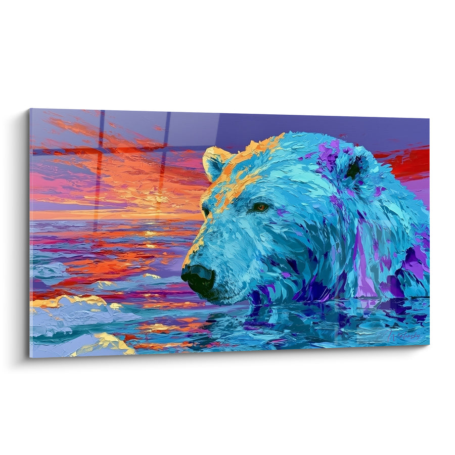Tableau Ours polaire bleu et violet immergé au crépuscule - Ciel embrasé sur l'océan - Edition Ours polaire