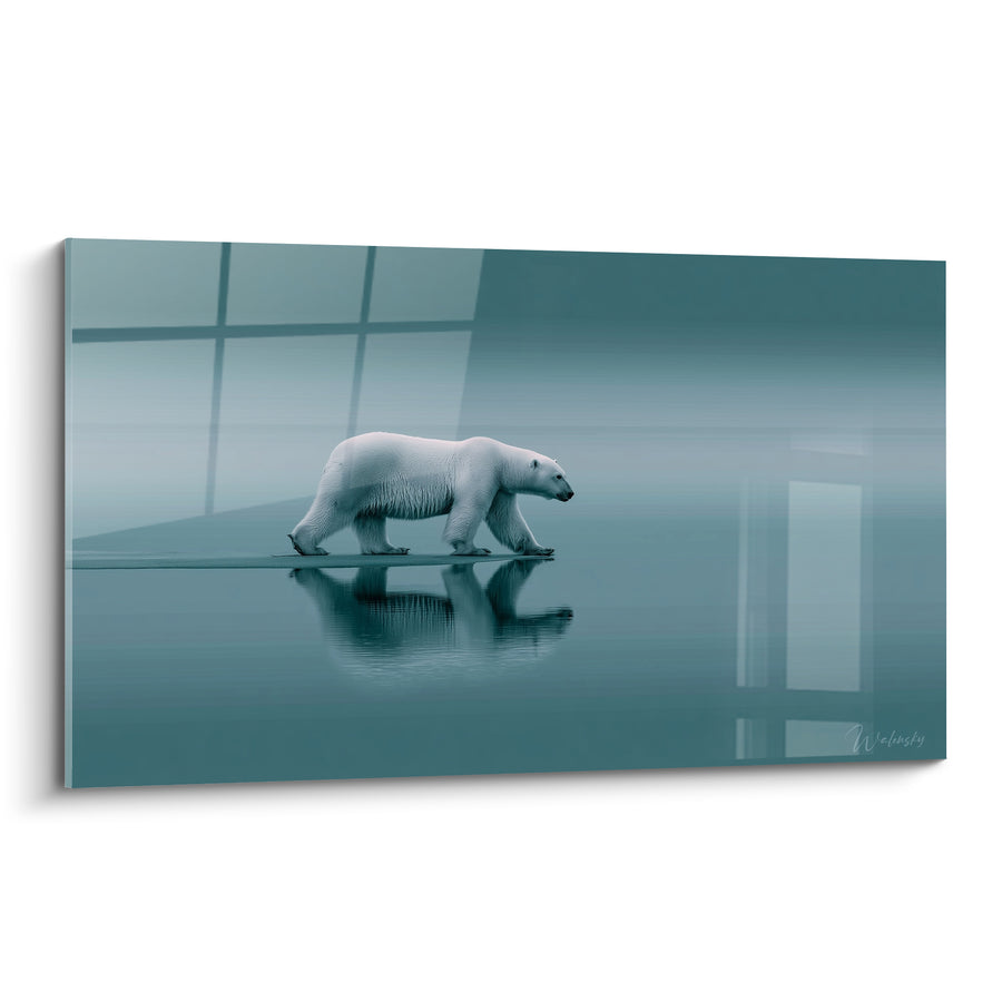 Tableau Ours polaire blanc et sarcelle sur surface miroitante - Vitrage géométrique en fond - Edition Ours polaire