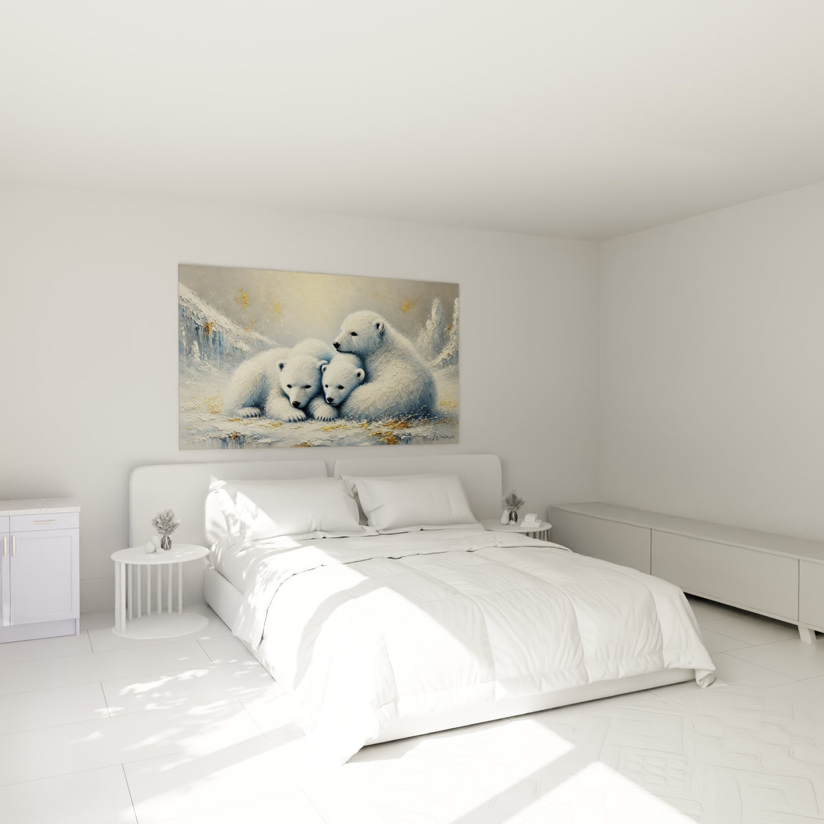 Ours polaires enlacés aux tons blancs et bleutés, accrochés au-dessus d'un lit dans une chambre claire