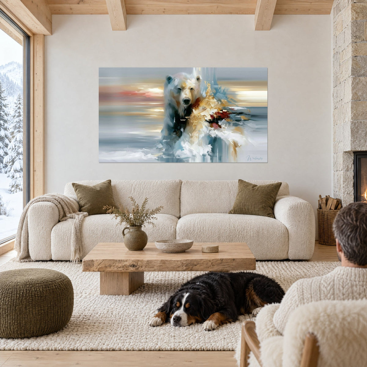 Tableau ours polaire au pelage blanc et éclats dorés, touches bordeaux, deux personnes et un chien, au-dessus d'un canapé dans un salon lumineux