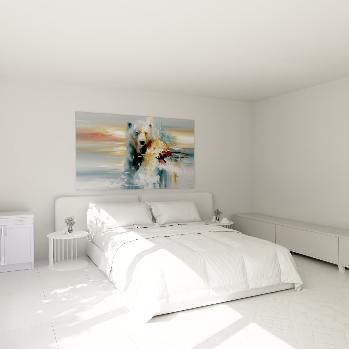 Ours polaire au regard intense, touches dorées et bleu anthracite, accroché au-dessus d'un lit dans une chambre claire