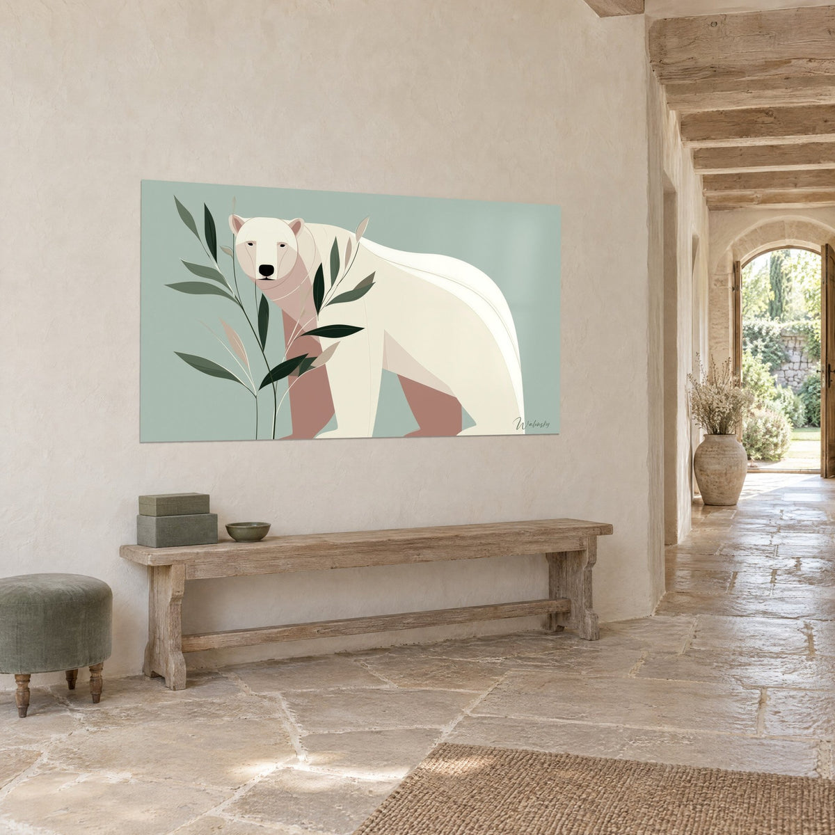 Wall art large stylized white bear, terracotta pink paws, forest green branches on sage background, wooden bench and stone slabs