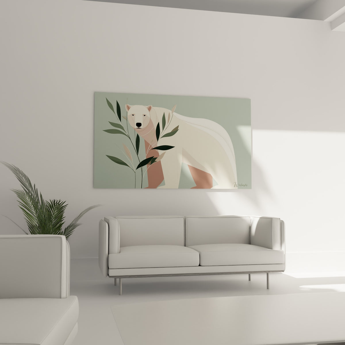 Ours polaire aux tons terracotta et crème derrière des branches vertes, au-dessus d'un canapé dans un salon lumineux