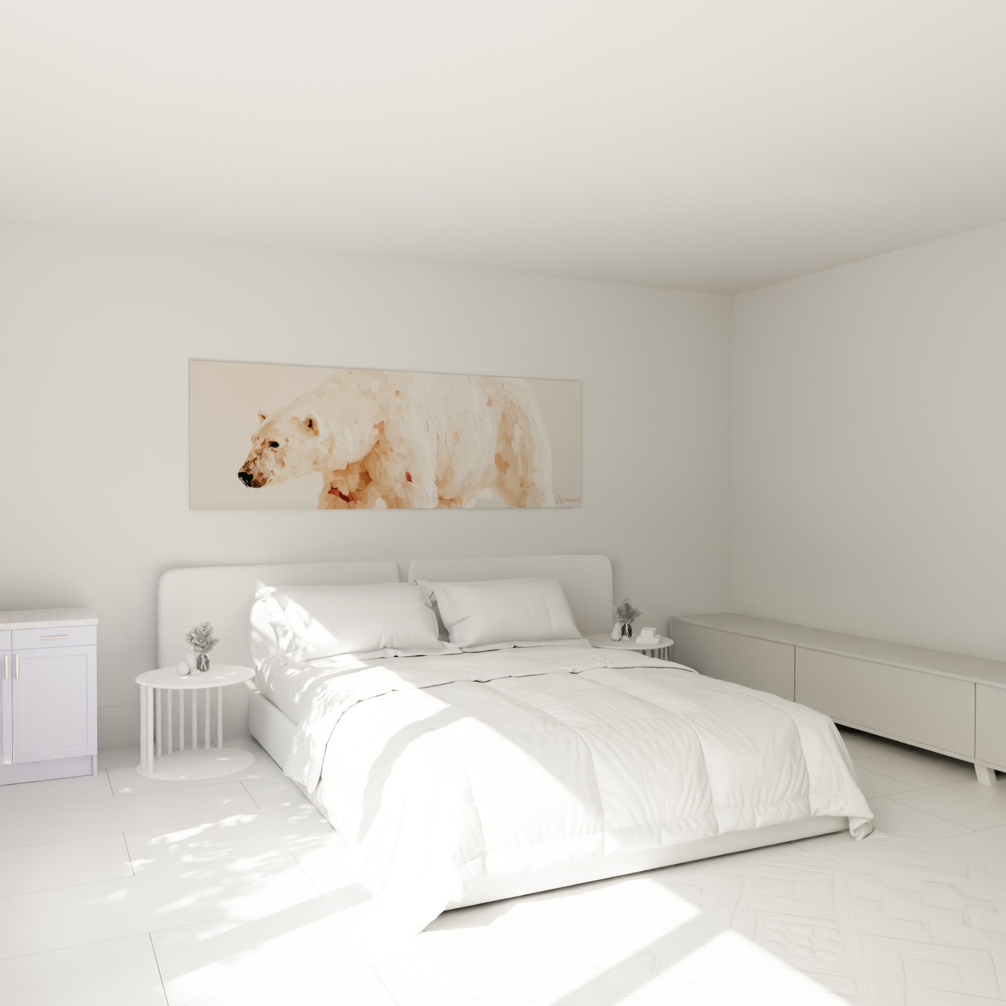 Ours polaire crème et brun clair, silhouette en mouvement, au-dessus d'un lit dans une chambre claire