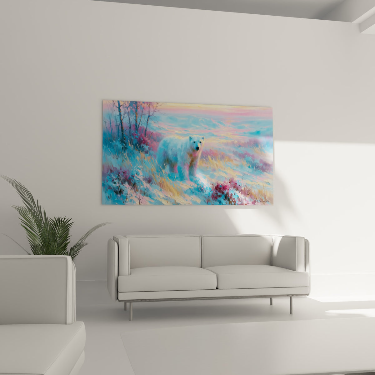 Ours polaire debout parmi buissons violets et neige bleutée, suspendu au-dessus d'un canapé dans un salon lumineux