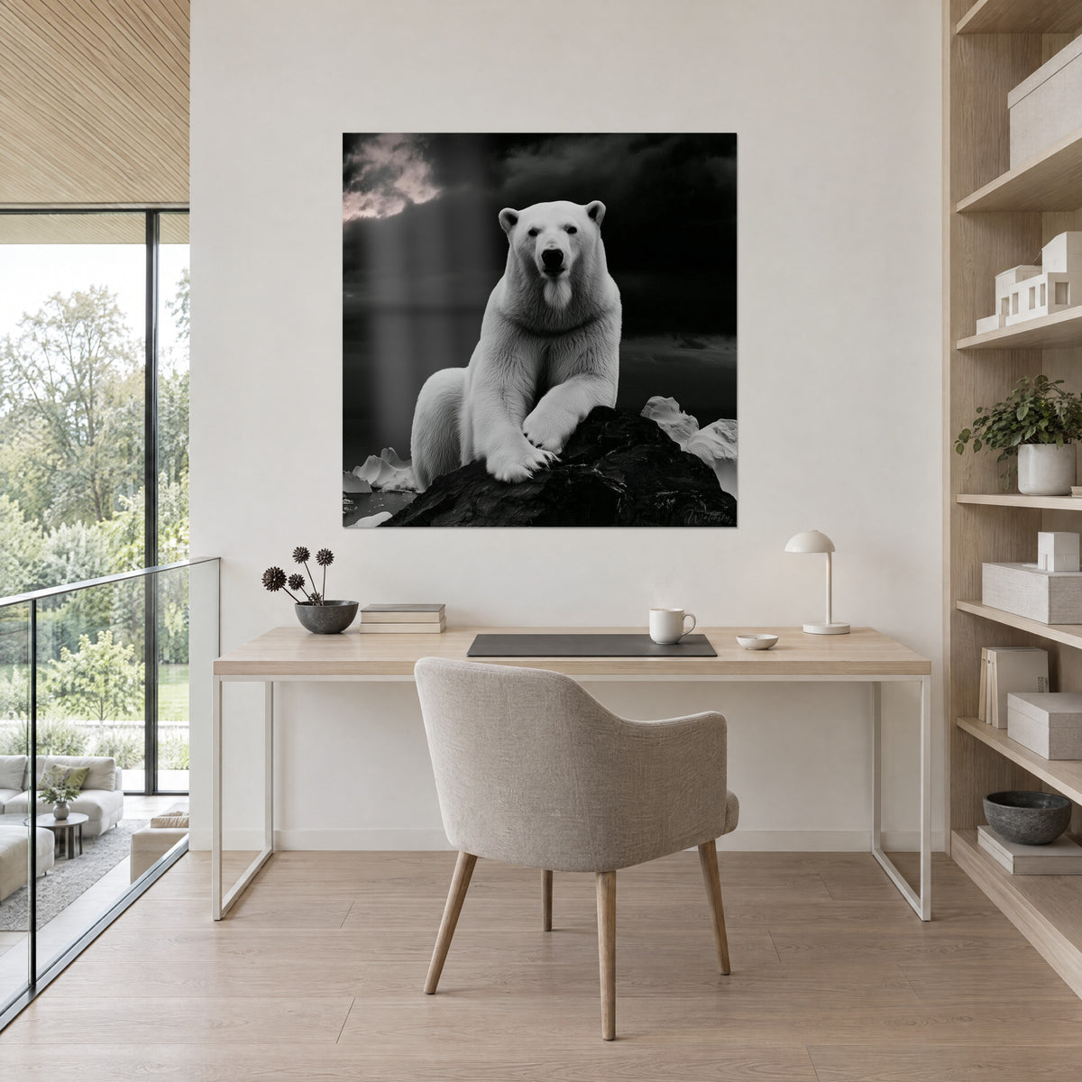 Schilderij heer van de Arctis in zwart-wit, strakke blik, wit ijsblok rechts, boven een bureau van licht hout