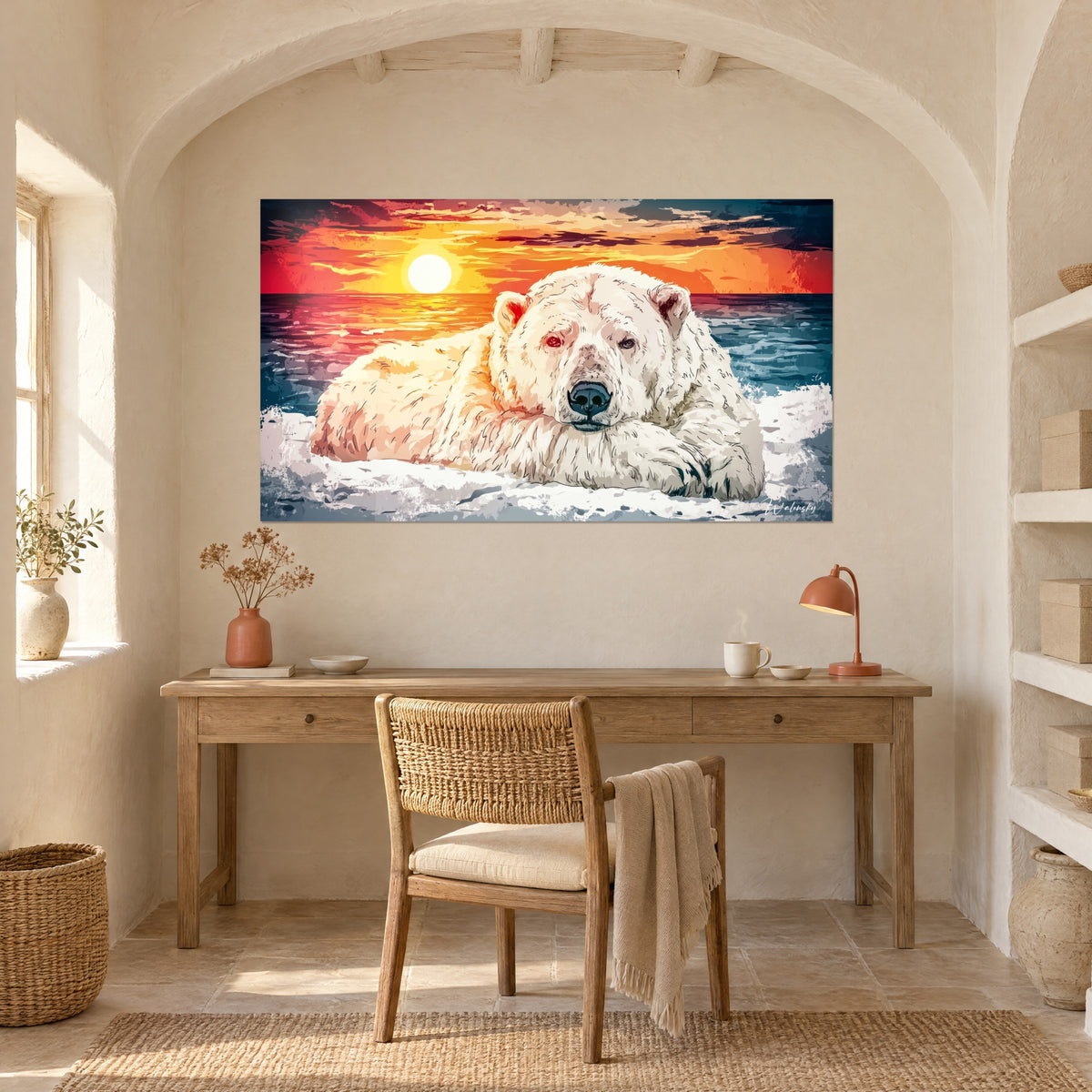 Schilderij portret van een ijsbeer op blauwgroene golven, vlammende oranje en rode lucht, opgehangen boven een bureau van licht hout