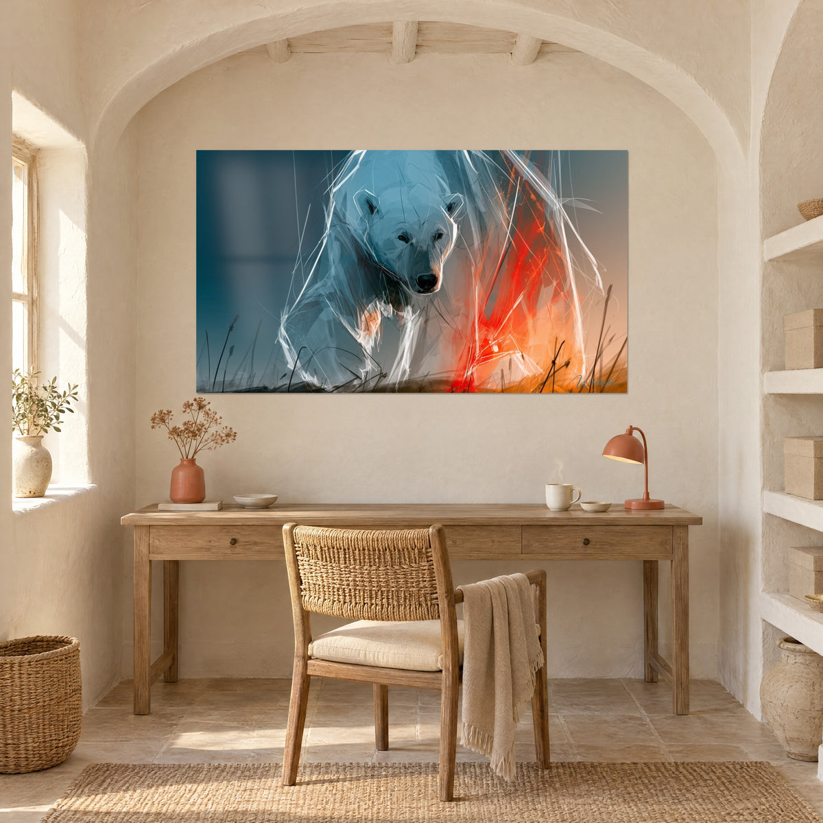 Schilderij portret van een witte beer met donkere blik, eendenblauwe achtergrond en okerkleurig oranje, hangend boven een bureau van licht hout