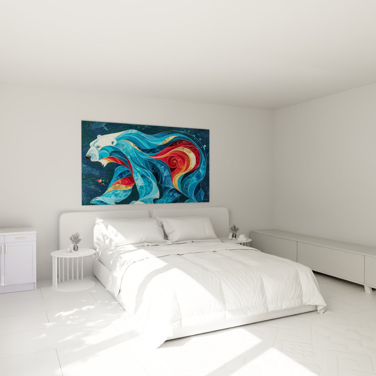 Silhouette d'ours polaire bleu et rouge accrochée au-dessus d'un lit dans une chambre claire