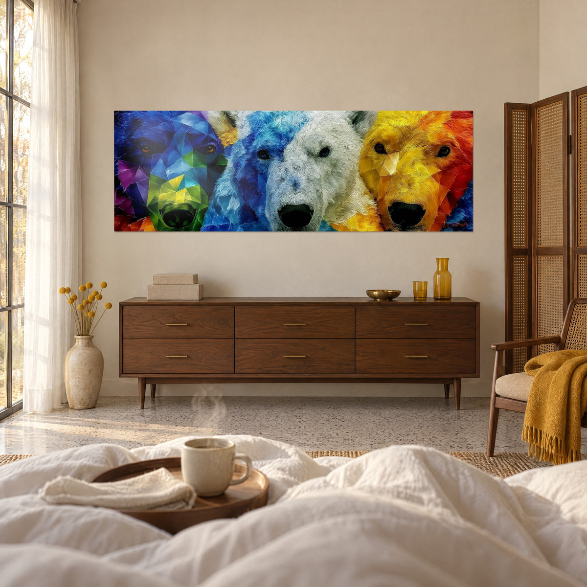 Wall art three bear heads in mosaic, deep blue and saffron yellow, amber and dark gazes, above a bed in a bright bedroom