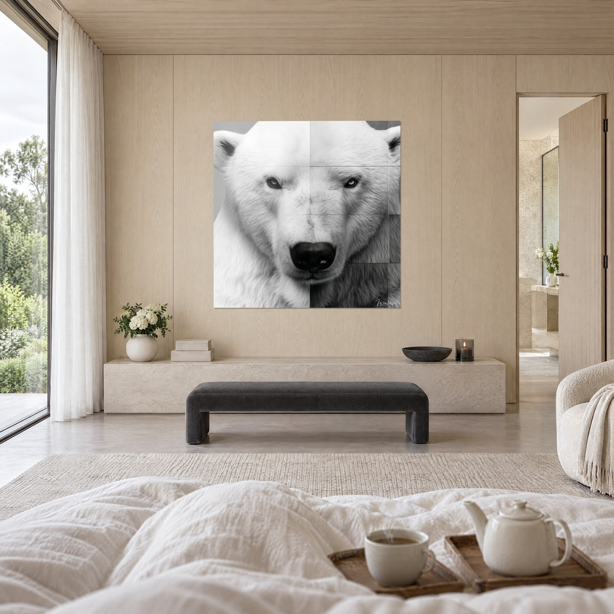 Quadro orso polare di fronte, pelliccia bianca e ombre grigie, sguardo fisso, sopra un letto in una camera luminosa