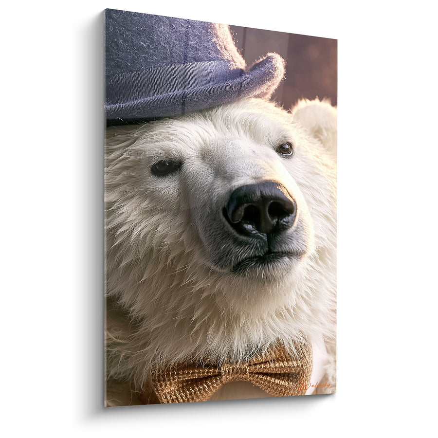 Tableau Ours polaire chapeau bleu et nœud doré - Bal costumé animalier - Edition Ours polaire