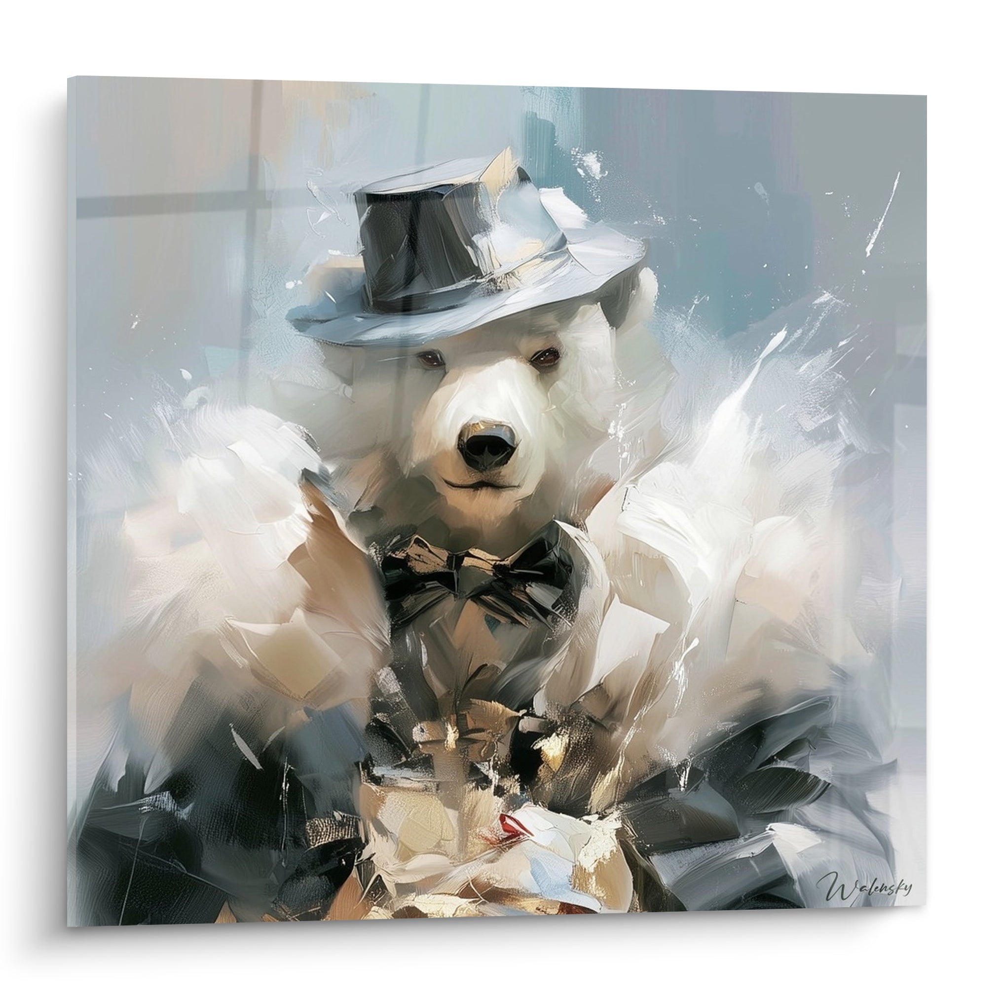 Ours polaire coiffé d'un chapeau haut-de-forme gris et nœud papillon anthracite sur fond flou