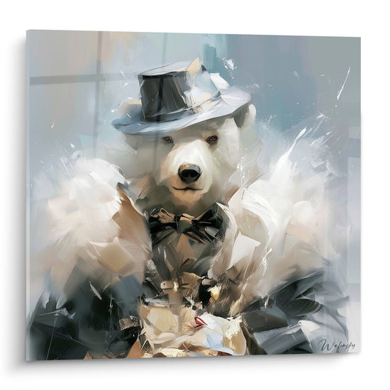 Ours polaire coiffé d'un chapeau haut-de-forme gris et nœud papillon anthracite sur fond flou