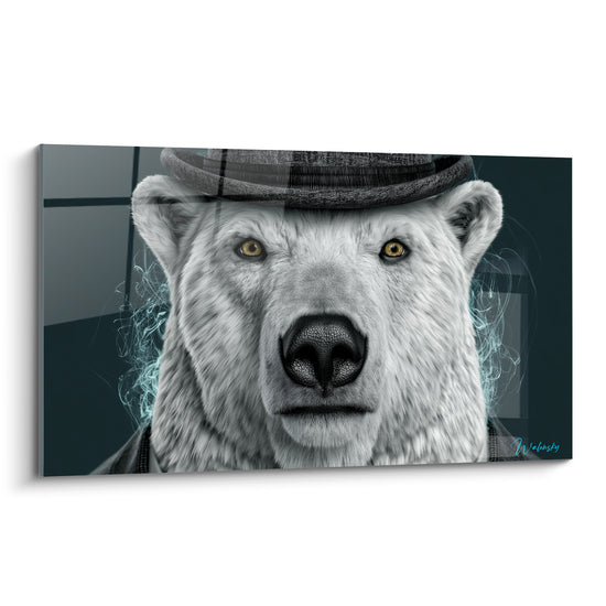 Ours polaire au chapeau melon noir, fourrure blanche et yeux dorés, fond anthracite graphique
