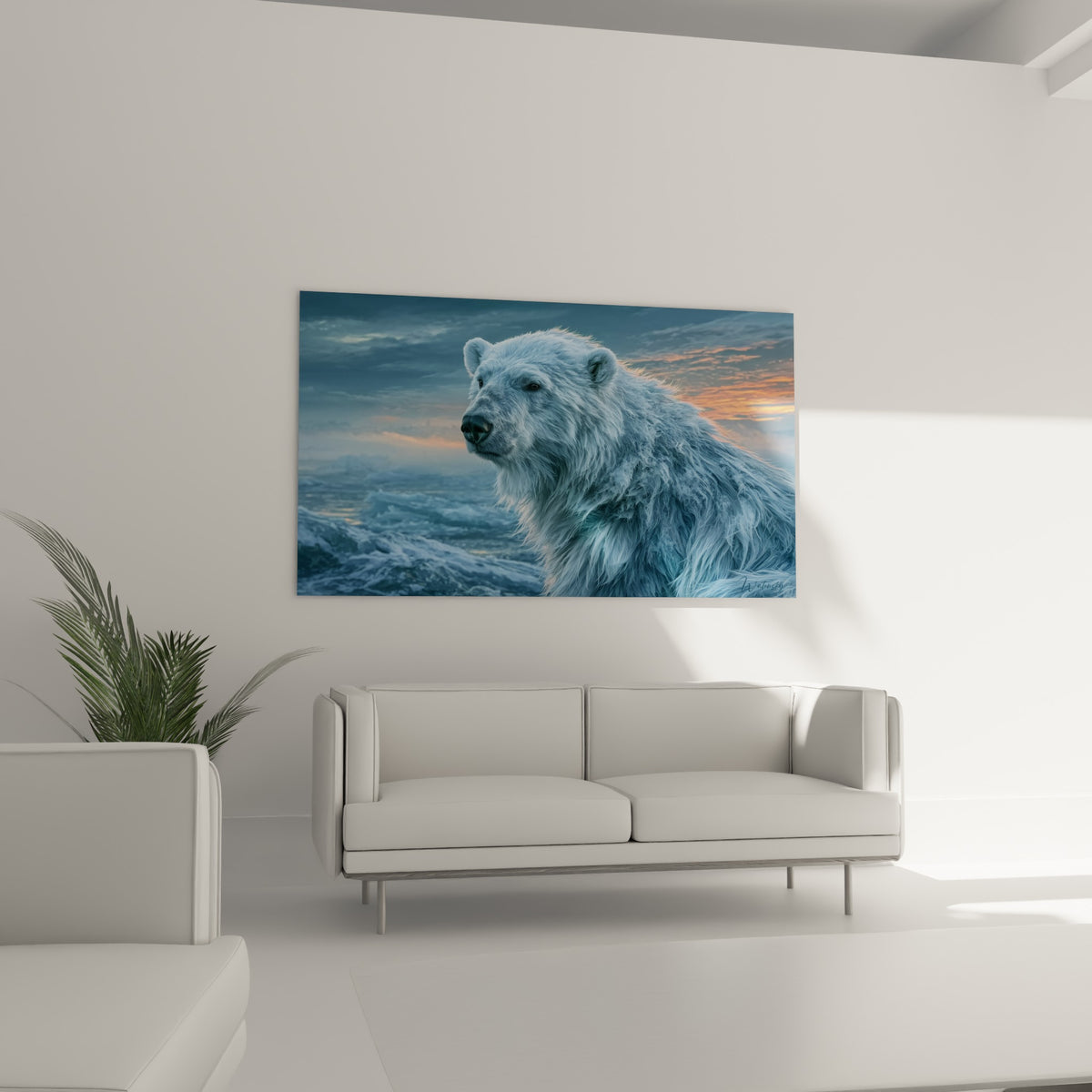 Ours polaire anthracite et orangé sous un ciel embrasé, suspendu au-dessus d'un canapé dans un salon lumineux