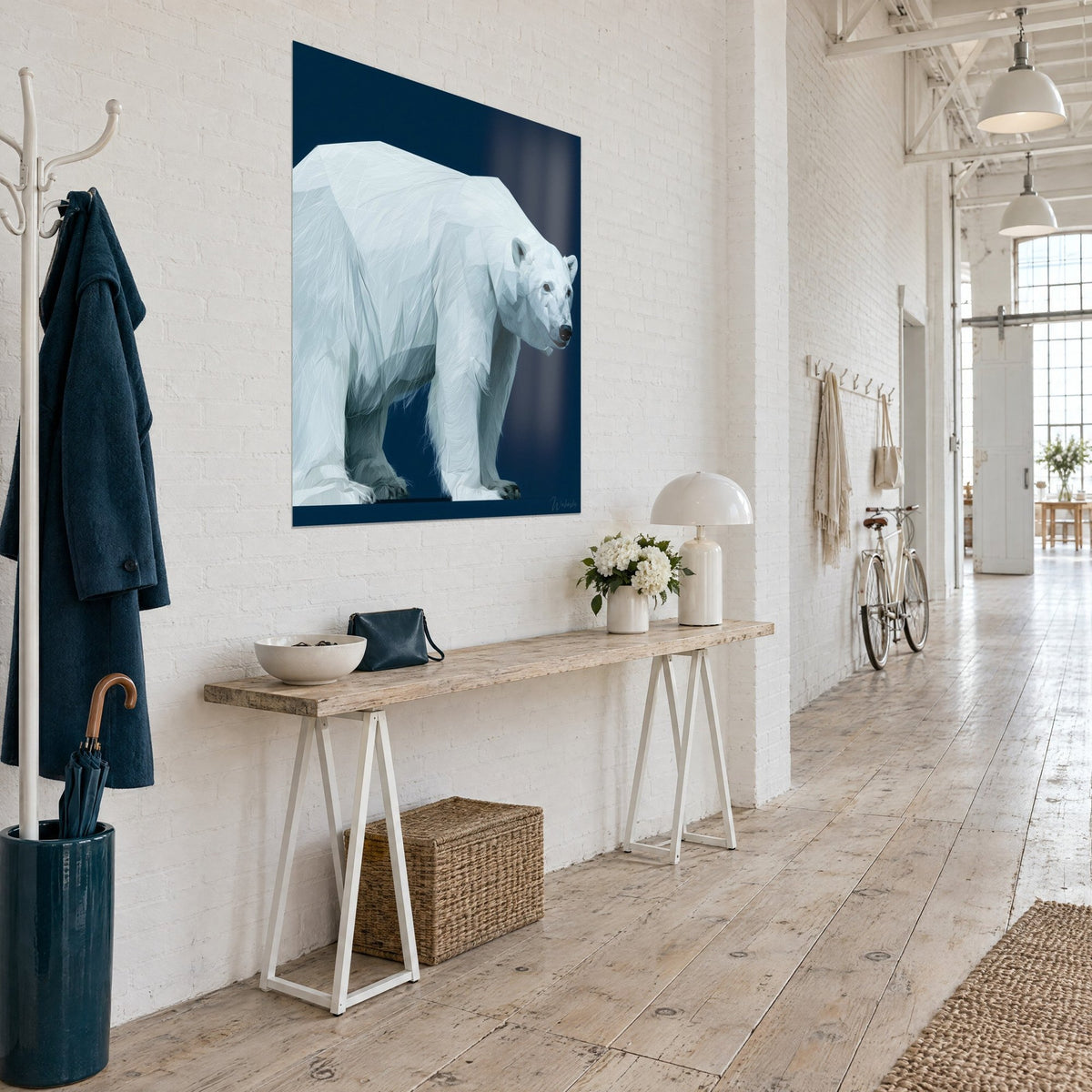 Wall art large white bear with glacier-blue faceted fur, navy background, three-quarter view in a loft hallway