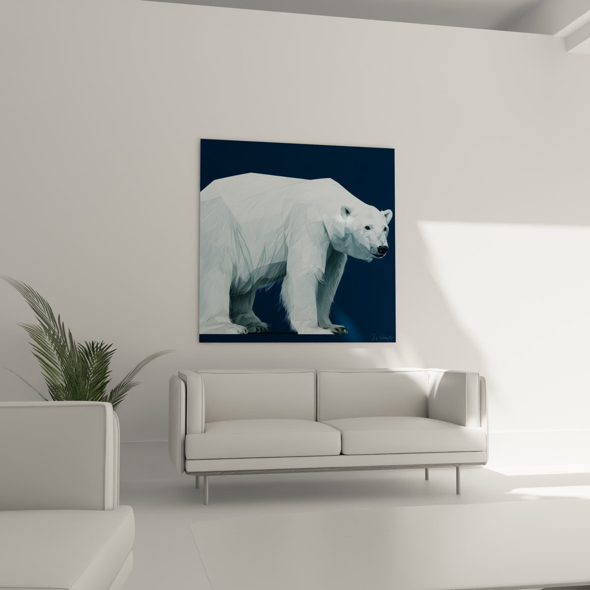 Ours polaire au pelage givré, contrastes blanc et bleu nuit, au-dessus d'un canapé dans un salon lumineux